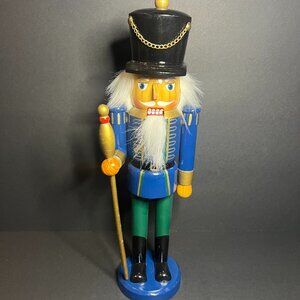Traditions Wooden Christmas Blue Nutcracker Soldier w/ White Hair & Staff 13.75"